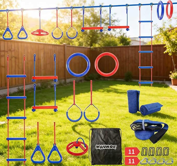 Ninja Warrior Obstacle Course for Kids Backyard-1×50ft Slackline Kit with 10 Most Complete Accessories for Boys & Girls, Rope Ladder, Gymnastic Ring, Arm Trainer and Monkey Fist