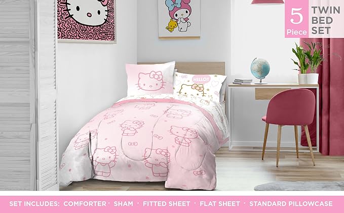 Jay Franco Hello Kitty Twin Comforter Set - 5 Piece Bedding Includes Sheet Set & Pillow Covers - Super Soft Pink Bedding