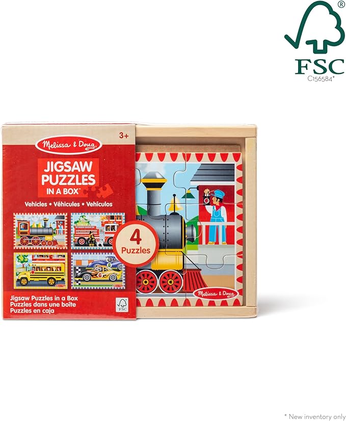 Melissa & Doug 4‑in‑1 Wooden Vehicle Jigsaw Puzzle Set, 48 Pieces with Storage Box, Toddler Puzzle Toy for Kids Ages 3+- FSC Certified