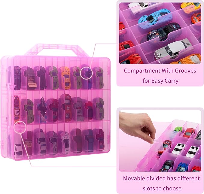 Double Sided Toy Car Storage Case for 48 Cars, Pink, Rectangular, Plastic, Wall Mount, 13.4 x 11.8 inches