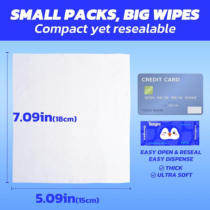 Deeyeo On-the-Go Flushable Butt Wipes, 56 Count (8 Packs of 7) | 99% EDI Purified Water Wipes for Sensitive Skin, Septic and Sewer Safe,Travel Essentials for Adults & Kids