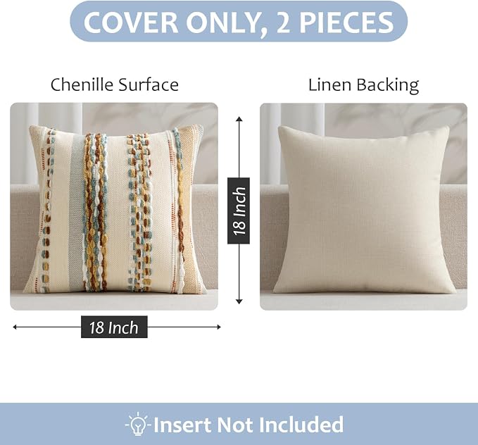ANRODUO Boho Decorative Throw Pillow Covers 18x18 Inch Rust Blue Pack of 2 | Throw Pillow Covers, Farmhouse Cushion Case, Chenille Pillow Cases, Pillow Covers, Accent Neutral Pillowcase for Sofa Couch