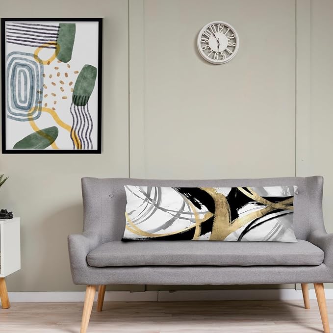 Abstract Black and Gold Striped 20x54 Body Pillow Cover, Modern Home Decor, Boho Room Decor, Black White and Gold Abstract Ink Line Long Body Pillow Pillowcase for Couch Bed
