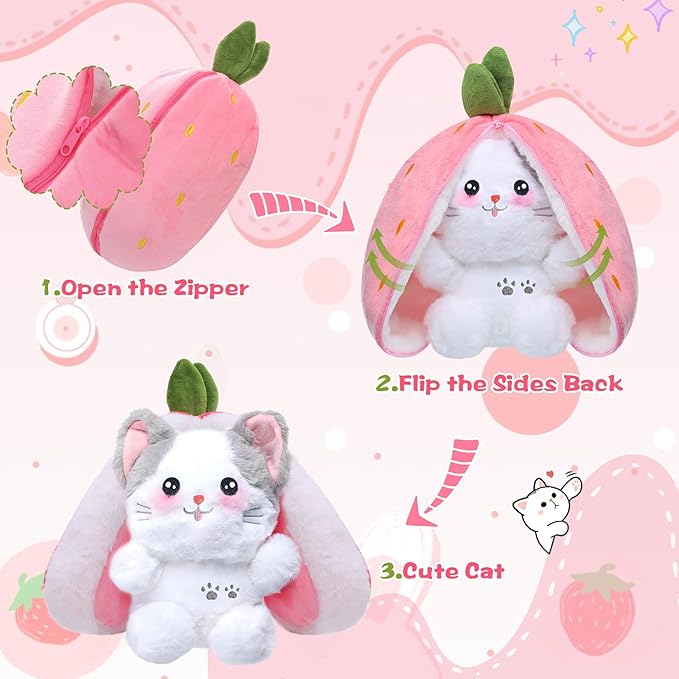 MIAODAM Cat Plush Stuffed Animals, Cute Reversible Strawberry Turn Into Cat Zip Plush, Funny Plushies Toy in A Strawberry Stuffie for Baby & Girlfriend Gift (7.8inch)