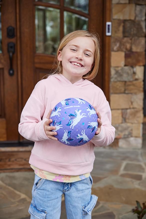 Crocodile Creek Playground Ball - Durable Rubber Ball for Kids Ages 3 and Up - Bouncy Inflatable Ball for Kickball, Indoor Games, and Outdoor Sports - PVC-Free - Purple Unicorn - 7-inch Diameter