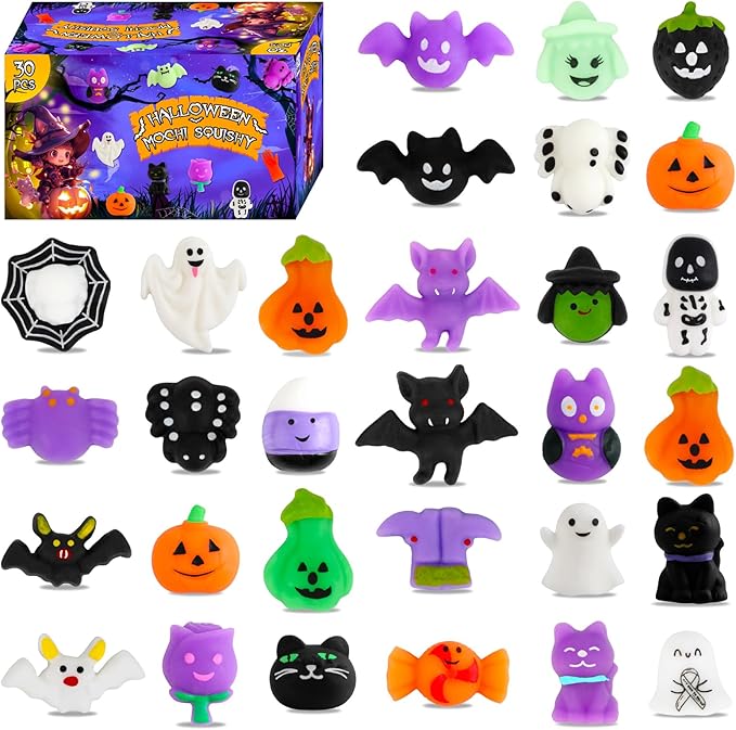 30 Pack Halloween Mochi Squishy Toys, Mini Squishies Halloween Toys Gifts Party Supplies for Kids, Squishy Goodie Bag Stuffers,Halloween Treat Bag Classroom Prizes for Kids