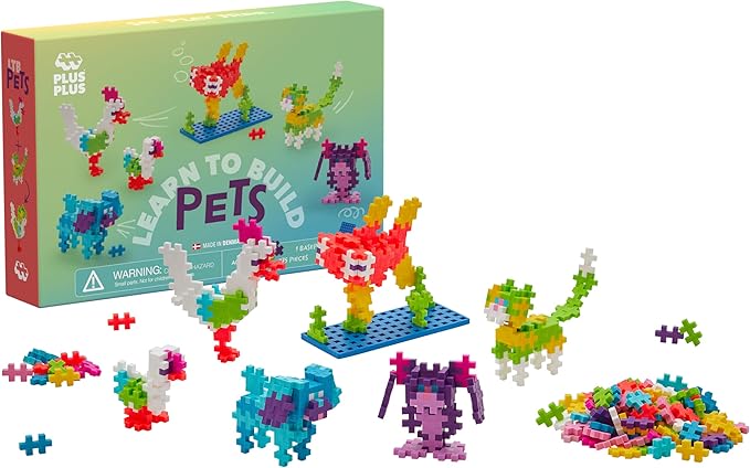 PLUS PLUS Learn to Build Set, Interlocking Mini Building Blocks, 3D Puzzle Construction Stem Toy for Kids - Pets, 275 Pieces