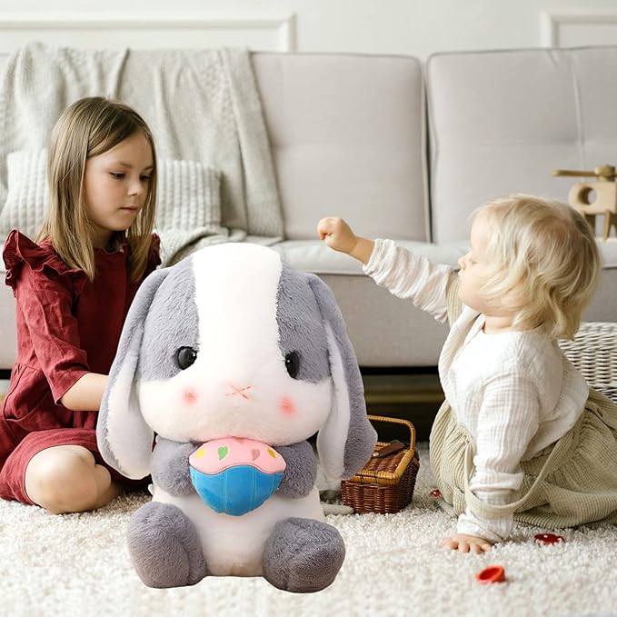 HOUPU Soft Toy - Sitting Lop Eared Rabbit, Easter White Rabbit Stuffed Bunny Animal with Carrot Soft Lovely Realistic Long-Eared Standing Pink Plush Toys (Ash White-Cake,16.9in/43cm)