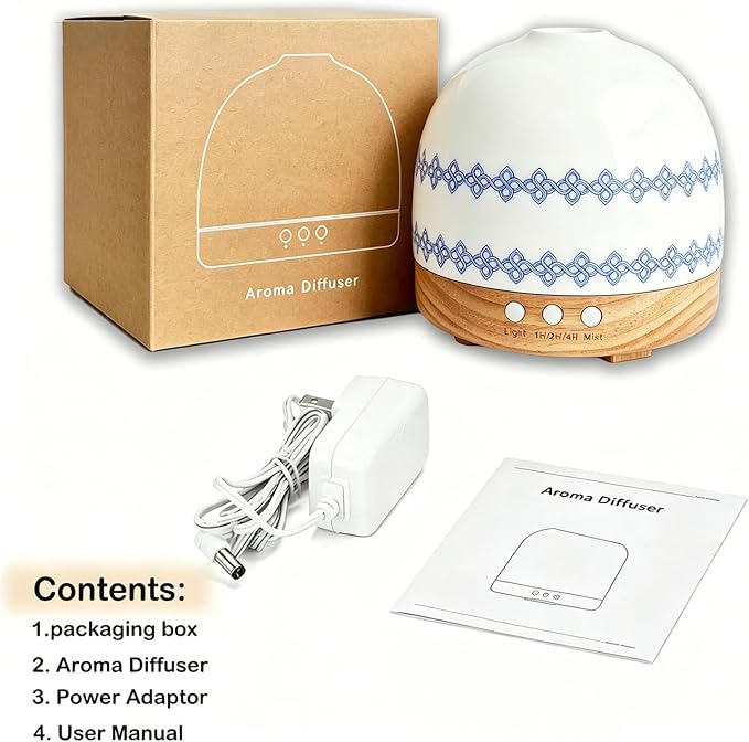 Aromatherapy Diffuser,300ML Handmade Essential Oil Ceramic Diffusers for Large Home with Cool Mist Humidifier & Night Light for Bedroom, Office, Yoga, Spa Women Gifts,Blue Flower