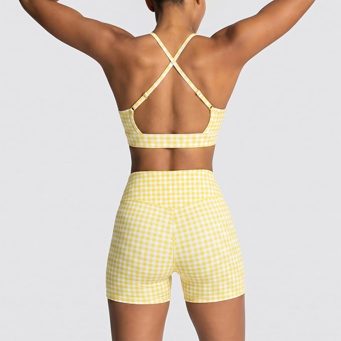 ABOCIW Workout Sets for Women 2 Piece Color Block Strappy Sports Bra High Waist Shorts Gym Yoga Pilates Outfits