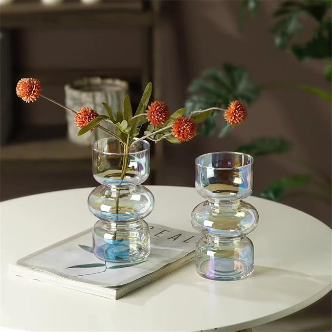 JSPYFITS Glass Hydroponic Flower Vase, 7 Inches Colored Glasses Bubble Vase for Flower, Three-Layer Glass Funky Vases for Home/Office/Weddings/Party Table Flowers Decor (Iridescent Clear)