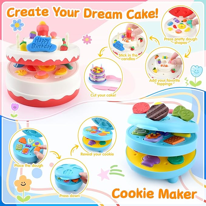 5-in-1 Color Dough Sets for Kids Ages 3+ DIY Food Maker Toys Set with 24 Dough, Arts and Crafts Kit for Pretend Play Ice Cream/Cake/Noodle/Hamburger/Pizza/Baking Set Toys Machines
