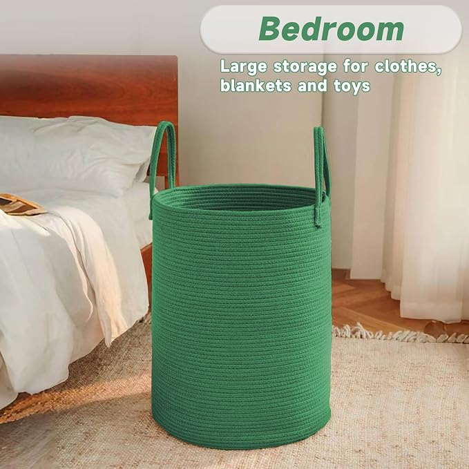 JMvicyroam 100L Cotton Rope Laundry Basket Hamper, Dark Green | Collapsible laundry basket, reinforced handles, freestanding, machine washable, holds 3-5 thick blankets, clothes or toys