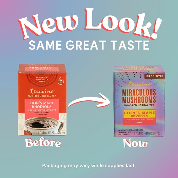 Teeccino Caffeine-Free Mushroom Adaptogenic Herbal Tea - 10 Tea Bags - Lion’s Mane Rhodiola Tea - Rose, 3x More Herbs than Regular Teas, Lightly Sweet from Dates & Figs, Chicory Prebiotic