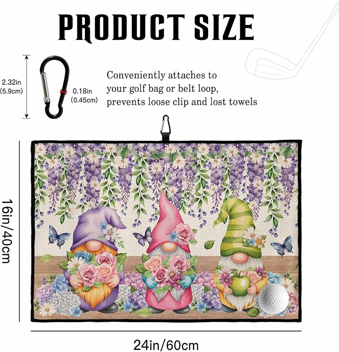 Blue Purple Gnomes Golf Towel with Clip, Spring Vintage Hydrangea Flower Leaf Large Microfiber Women Men Sports Work Out Disc Golf Bag Towel for Yoga, Gym, Fitness, Swimming Towels Accessory