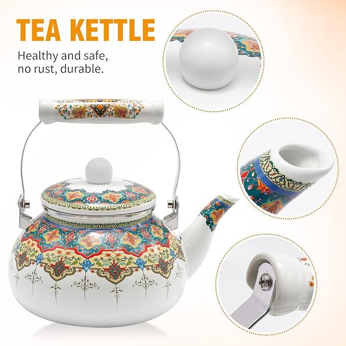 Anxingo Colorful Water Tea Kettle,Tea Kettle Pot for Stove, Top Porcelain Large Enamel Tea Kettle 2.5L,Retro Classic Design (style3)