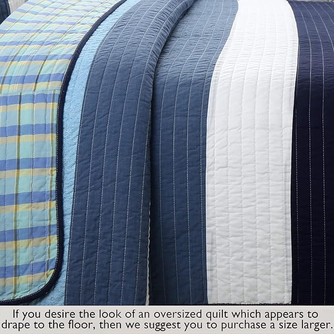 Cozy Line Home Fashions Navy Blue Striped Boy 100% Cotton Reversible Quilt Bedding Set, All-Season Coverlet Bedspread (Preston, Twin - 2 Piece)