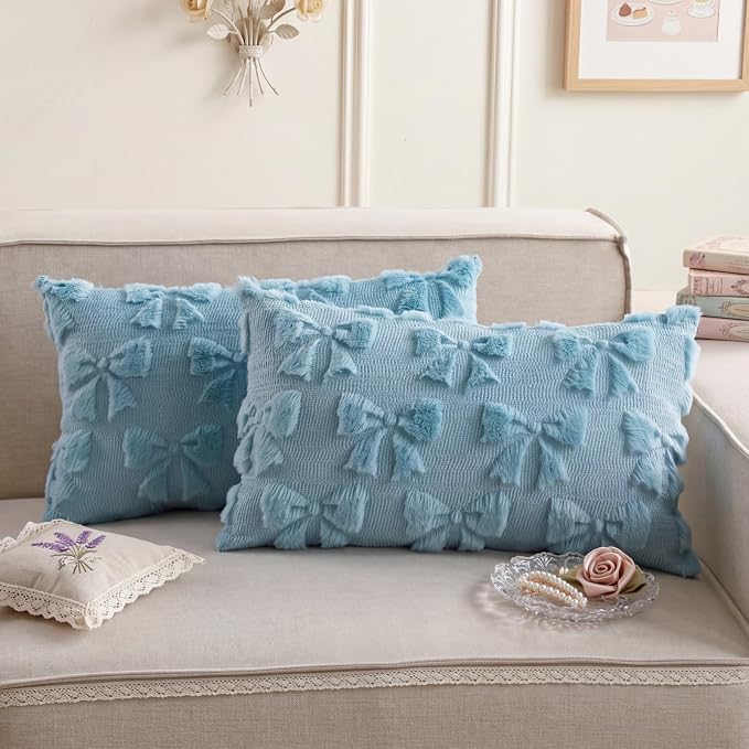 Mixweer Blue Bow Pillow Covers Set of 2 Preppy Room Decor Coquette Cute Spring Summer Decorative Faux Fur Soft Bowknot Stuff Fluffy Plush Aesthetic Pillowcase for Bed Sofa Couch (12 x 20 Inch)