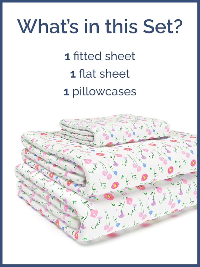 Kids Twin Size Bed Sheet Set - 3 Piece Kids Loft Bed Sheets - Floral Flower Themed Bedding - Soft, Cute - Breathable and Machine Washable - Pretty Pink Flower Bed Set for Boys, Girls, Teens & Toddlers