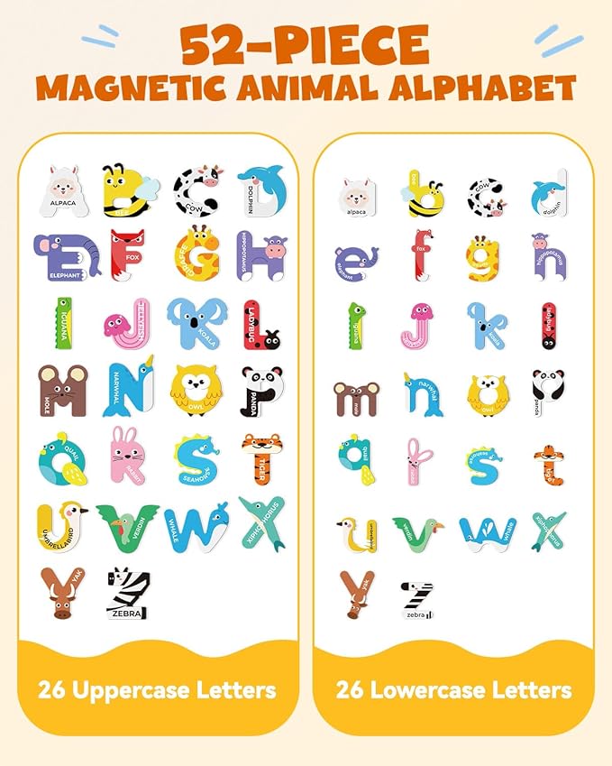 52 PCS Magnetic Letters, Large Cute Animal Alphabet Magnets for Fridge, Uppercase & Lowercase ABC Educational Toy, Choke-Proof Toddler Learning Toys for Kids Toddlers Preschool Learning Spelling