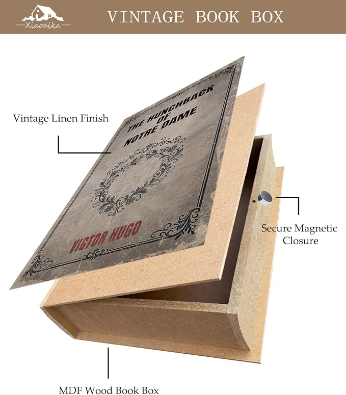 Vintage Faux Leather Decorative Book Box – Wooden Secret Storage Box with Magnetic Closure, Hidden Organizer for Bookshelf, Desk, or Office Decor (The Hunchback of Notre Dame)