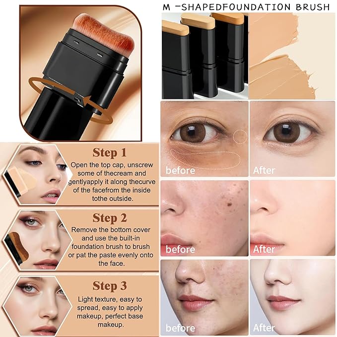 Foundation Stick,2 in 1 Dual-Ended Long-Lasting & Waterproof Concealer Korean Foundation Contour Sticks,Contouring Foundation with Brush,Full Coverage Matte Finish for Face Makeup(01IVORY)