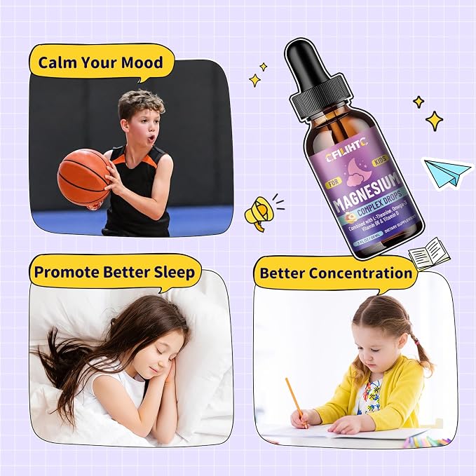 Kids Magnesium Liquid Drops-Magnesium Glycinate Liquid for Kids Supplement-w/L-theanine, Omega-3, Vitamin B6, D3 - for Sleep, Relaxation, Brain, Bones - Peach Flavor, 2 Fl Oz