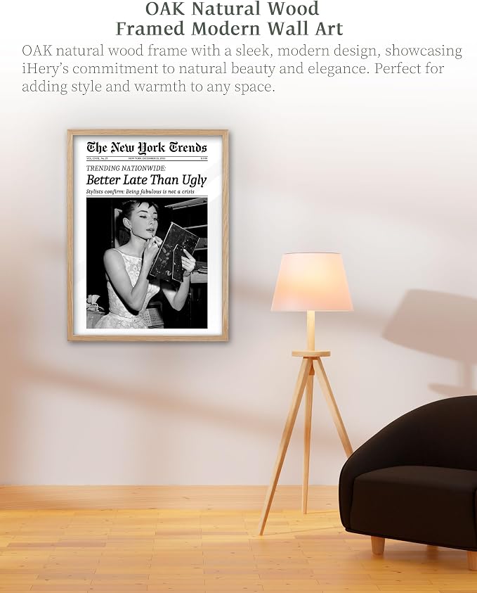 iHery 12x16in Hepburn Better Late Than Ugly Framed Bathroom Wall Art | Natural OAK Wood Frame with Canvas Print, Retro Black and White Decor for Bathroom, Bedroom, Apartment and Girly Room, 1Pack