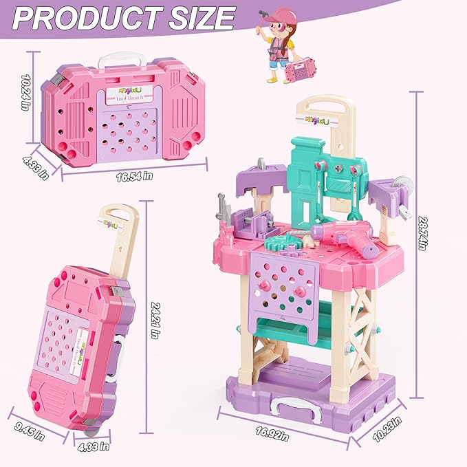 Magic4U Kids Tool Bench Set, 89PCS Toddler Tool Workbench with Electirc Drill 12 Tools Equipement,Safety Vest & Hat,Pretend Play Kids Construction Toys Gift for Girls Boys Age 3,4,5,6,7,8