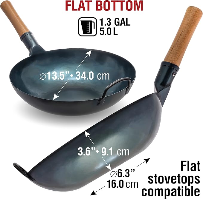 YOSUKATA Carbon Steel Flat Bottom Wok Pan - 13.5" + Wok Lid 12.8 Inch - Cover with Tempered Glass Insert Steam Holes + Blue Carbon Steel 17-inch Spatula, Ladle, 3 pairs Chopsticks
