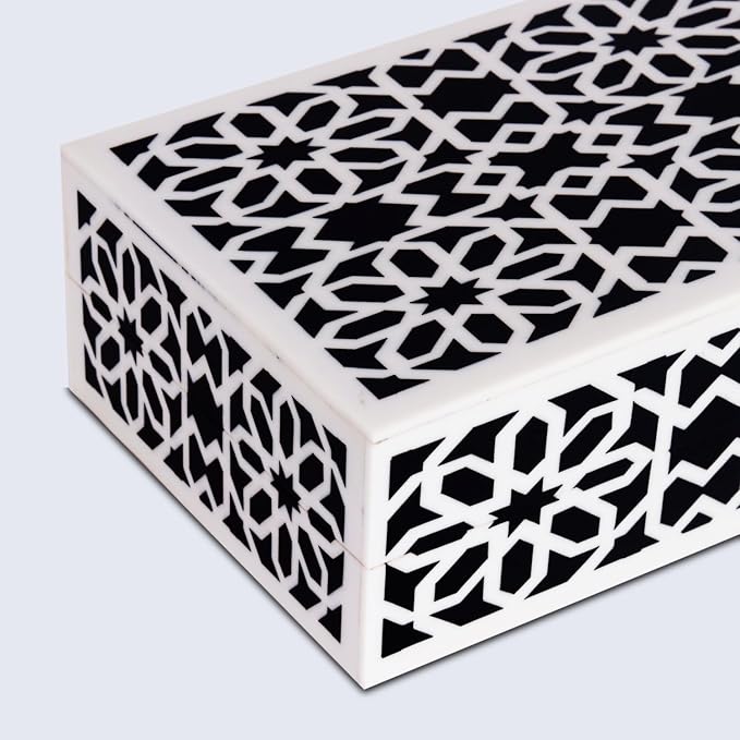 Handicrafts Home Decorative Storage Box with Lid, Black White Persian Mosaic Box, Islamic Rosette Pattern Coffee Table Organizer, Keepsake Box for Living Room & Console Decor, Shiraz 10 x 4.5 x 2.5