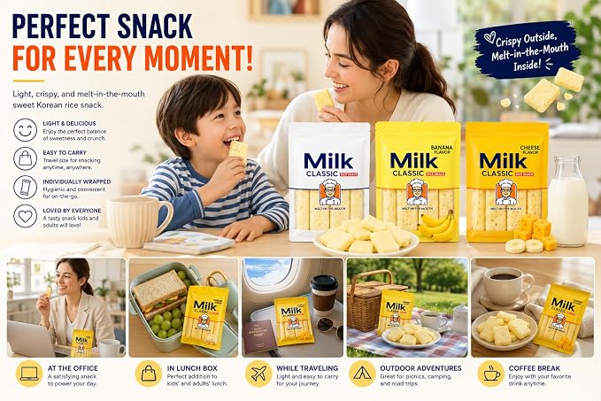 Milk Classic Rice Snack Variety Pack, Korean Crispy Rice Snack, Light & Melt-in-The-Mouth Texture, Individually Wrapped Travel Size Snacks, Banana Cheese Milk Flavors, 3 Pack, 1.97 oz Each