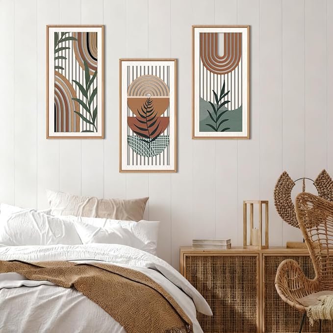 IARTTOP Boho Wood Wall Art Framed 8x16 Inch Set of 3 Mid-century Modern Abstract Wooden Wall Decor Minimalist Plant Artwork for Living room Bedroom Office