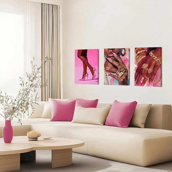 Black Girl Wall Art Set of 3 Pink Fashion Black Woman Canvas Wall Decor Pictures African American Women Paintings Home Decor Posters Prints for Living Room Bedroom Bathroom 16x24Inch Framed