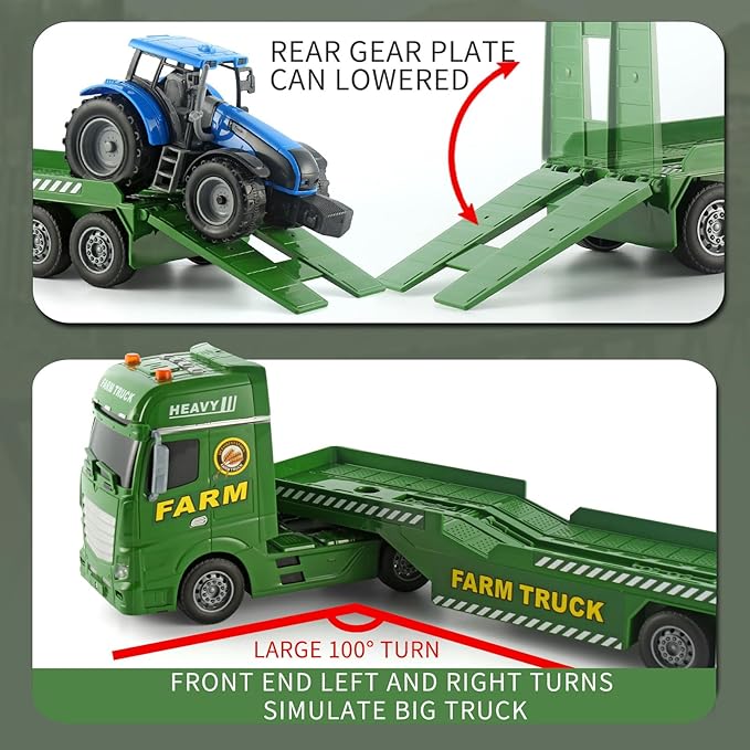25" Semi Truck Farmer Truck Trailer Friction Powered Vehicles, 3 in 1 Includes 2 Farmer Tractor Push & Go Farming Toys Playset for Boys Kids Toddlers Age 3+