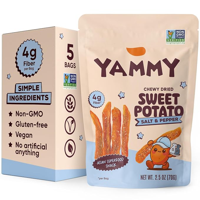 Yammy Chewy Dried Sweet Potato Sticks (Salt & Pepper 5-Pack) - Healthy Asian Snack for Adults & Kids (Japanese, Korean, Chinese Super Food) - No Added Sugar, Vegan, Gluten-Free, 4g Fiber, 2.5oz