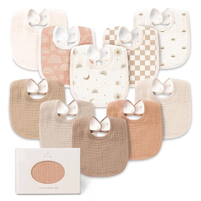 Konssy 10-Pack Muslin Baby Bibs, Soft Cotton Bandana Bibs for Drooling & Teething, Unisex Solid Colors for Boys & Girls, Newborn & Infant