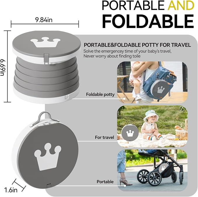 Portable Foldable Toddler Travel Potty - Medium Potty Seat, Emergency Toilet for Car Camping Hiking, Lightweight Potty Chair for Indoor Outdoor Toddler Use (Gray)