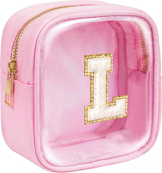 KOTORA Mini Initial Makeup Bag | Travel Toiletry Bag | Clear Makeup Bag | Travel Essentials Gifts for Women Teen Girlfriend Teacher Brithday Gifts | Clear Toiletry Bag Small Mini Cosmetic Bag Pink