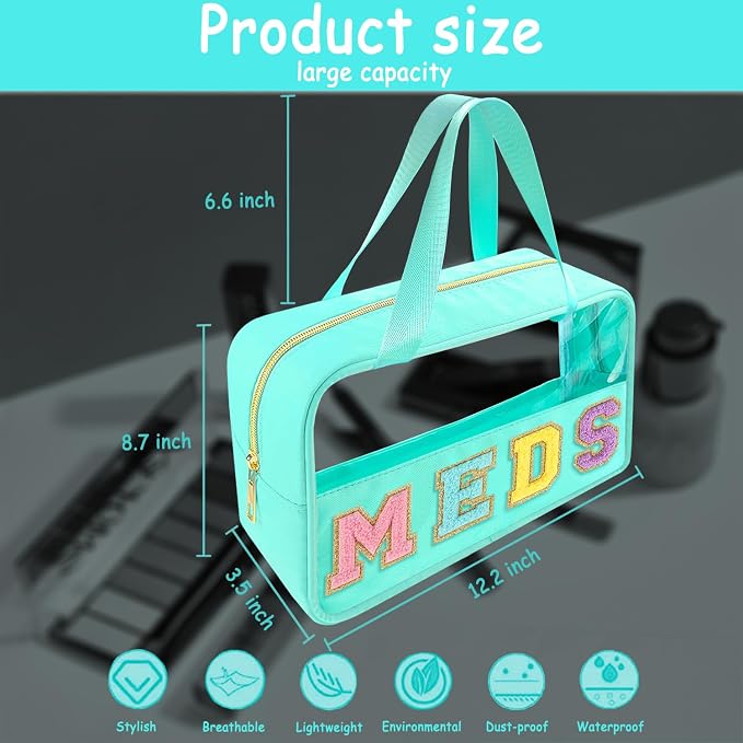 Bunliuys Chenille Letter Clear Makeup Bag Meds Patch, Travel Toiletry Makeup Bag with Handle, Nylon Waterproof Makeup Bags clear cosmetic bag, preppy patch makeup bag for Women (MEDS-Mint Green)