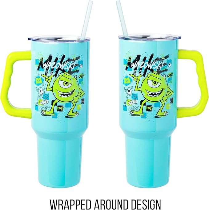 Silver Buffalo Disney Pixar Monsters Inc. Double Walled Stainless Steel Tumbler with Handle Featuring Mike Wazowski, Fits in Standard Cup Holder, 40 Ounces