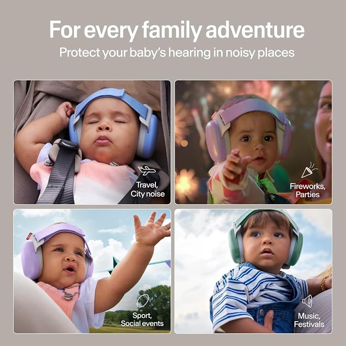 Alpine Muffy Baby Comfort - Protects Hearing for Babies and Toddlers - CE & ANSI Certified - Headband for Safe fit & Comfort - Adjustable for Ages 3-48 Months - 24dB Sound Reduction, Sand