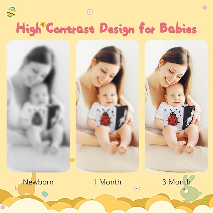 Black & White High Contrast Newborn Toys - Tummy Time & Brain Development - Soft Book, Montessori Sensory Toys (0-12 Months) Gift