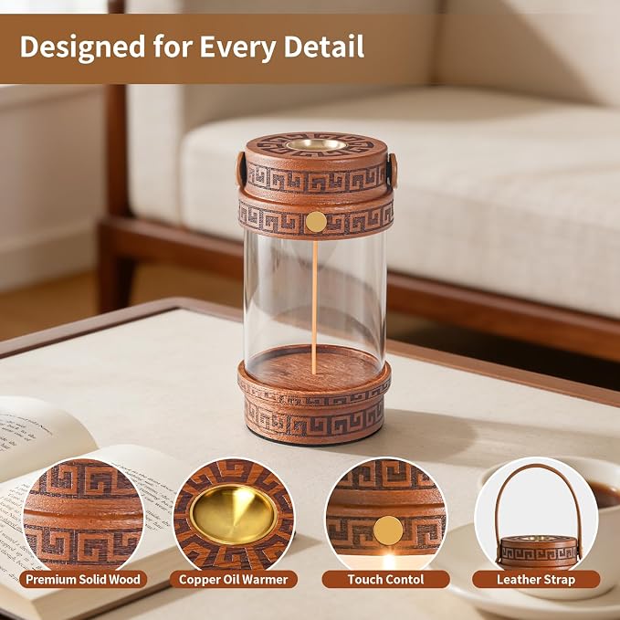 Electric Waterless Essential Oil Heat Diffuser PTC Heating Copper Plate with LED COB Soothing Glow Warm Mood Light, Portable Natural Wood Scented Oil Warmer for Bedside Yoga & Zen Decor