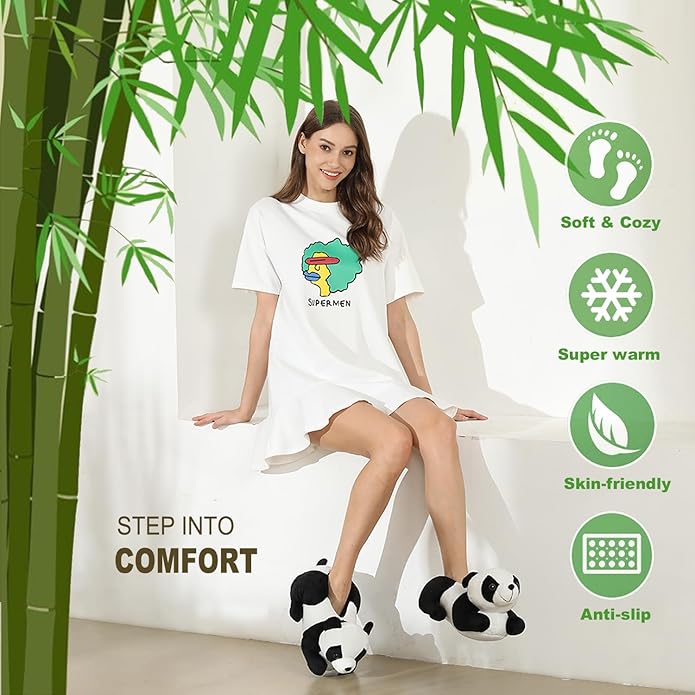 Onmygogo Indoor Fuzzy Winter Animal Panda and Cow Plush Slippers for Adult Women Men Boys Girls Kids