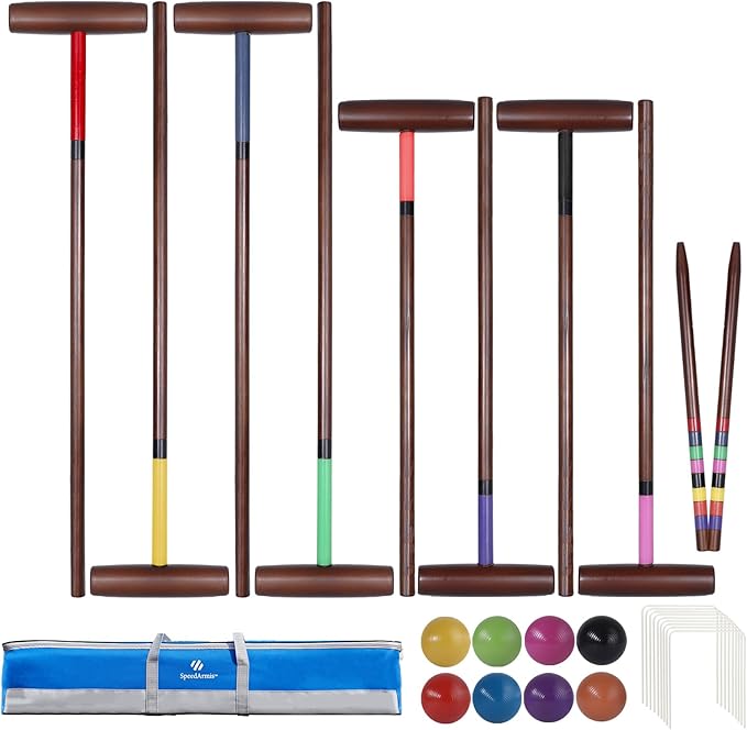 SpeedArmis 8 Players Croquet Set with 32In Regulation | 28In Standard Size Rubber Wood Mallets, Colored PE Ball, Wickets, 21In End Stakes and Bag - Lawn Backyard Game for Teens/Adults/Family