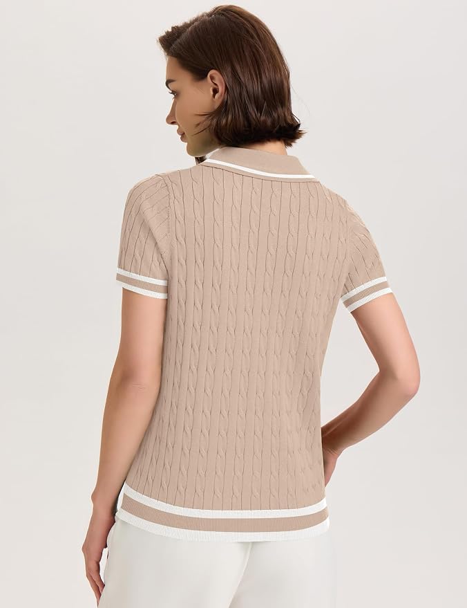 Micoson Womens Short Sleeve Sweater Tops Lapel V Neck Polo Shirts 2026 | Summer Cable Knit Loose Blouses, Business Casual Outfits