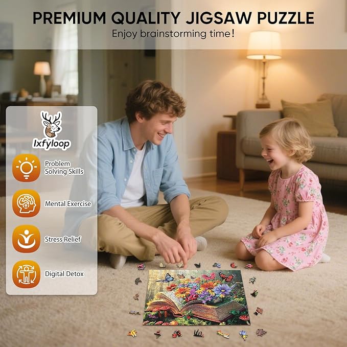 Ixfyloop Butterfly Book Wooden Puzzles for Adults, Colorful Wildflower Magic Jigsaw Puzzles 500 Pieces, Challenging Puzzle Gifts for Teens, Art Family Game 14.2x18.8 inch