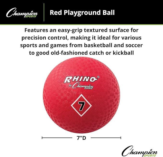 Champion Sports Playground Ball – High-Bounce 2-Ply Construction, Durable Red Ball for Throwing, Catching & Kicking - Multiple Sizes (5", 6", 7", 10", 13", 16")