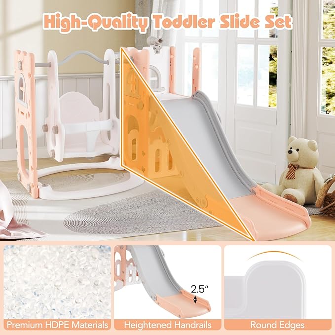 Costzon 7 in 1 Toddle Swing and Slide Set, Freestanding Toddler Slide Playset w/Swing, Basketball Hoop, Kids Slide for Toddler Age 1-3 Playground w/Storage Space, Gifts for Boys Girls (Pink)